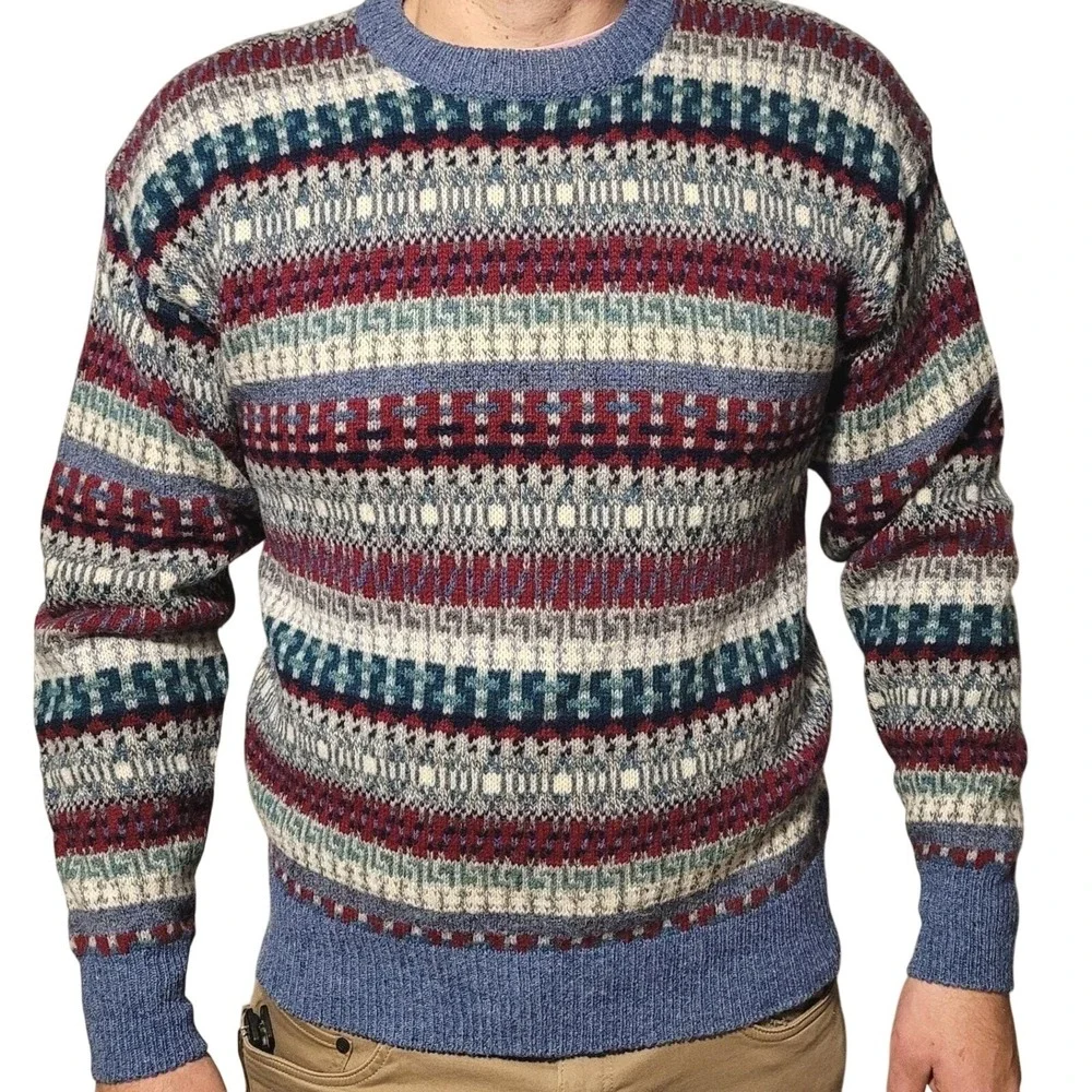 Vintage Amana Mens Blue Fair Isle Academia Teacher 100% Wool Crewneck Sweater M
